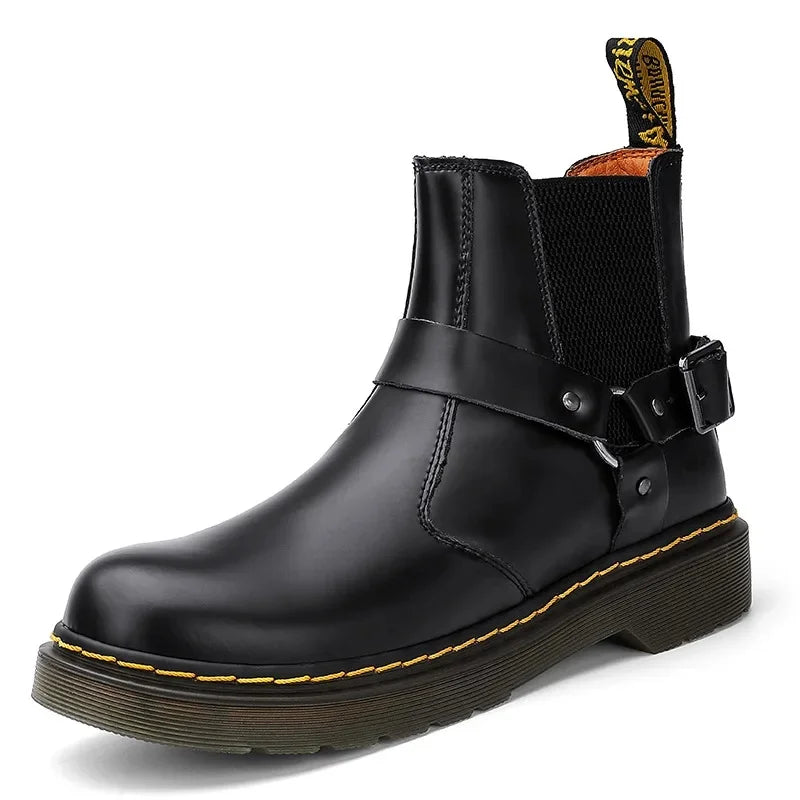 Leather Chelsea Boots Unisex round Toe Biker Style Short Boots Couples Matching Flat Bottom Rubber Sole Spring Autumn Wear