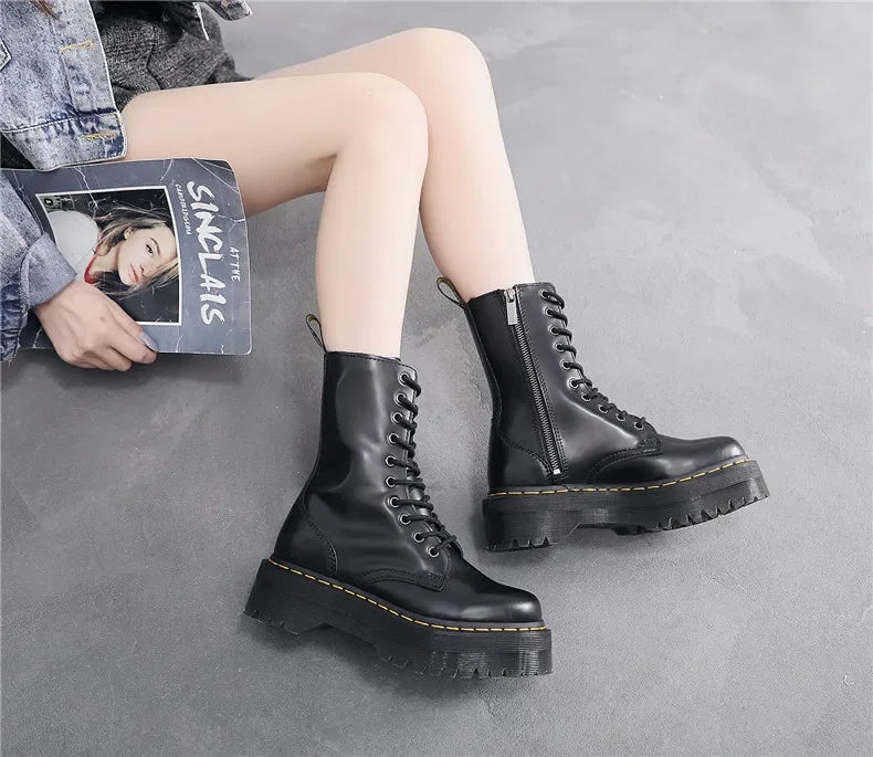 Women's Motorcycle Boots 10 Holes Thick Bottom Side Zipper British Style Long Booties Flatform Work Boots round Toe Mid Heel