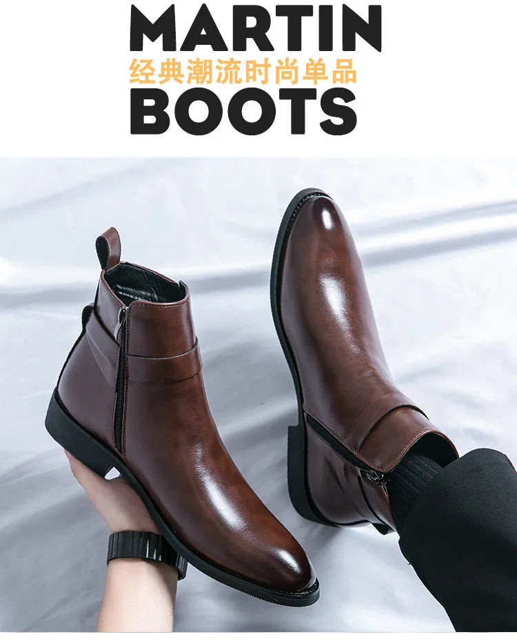 Men's Winter High-top Versatile Chelsea Boots Classic Soft and Comfortable Zippered Shoes Maximum Size 47 Black Leather Shoes