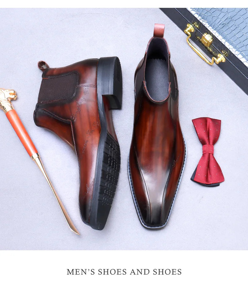High-Top Men's Chelsea Boots Full Grain Leather British Retro Ankle Boots Business Casual Trendy Men's Shoes