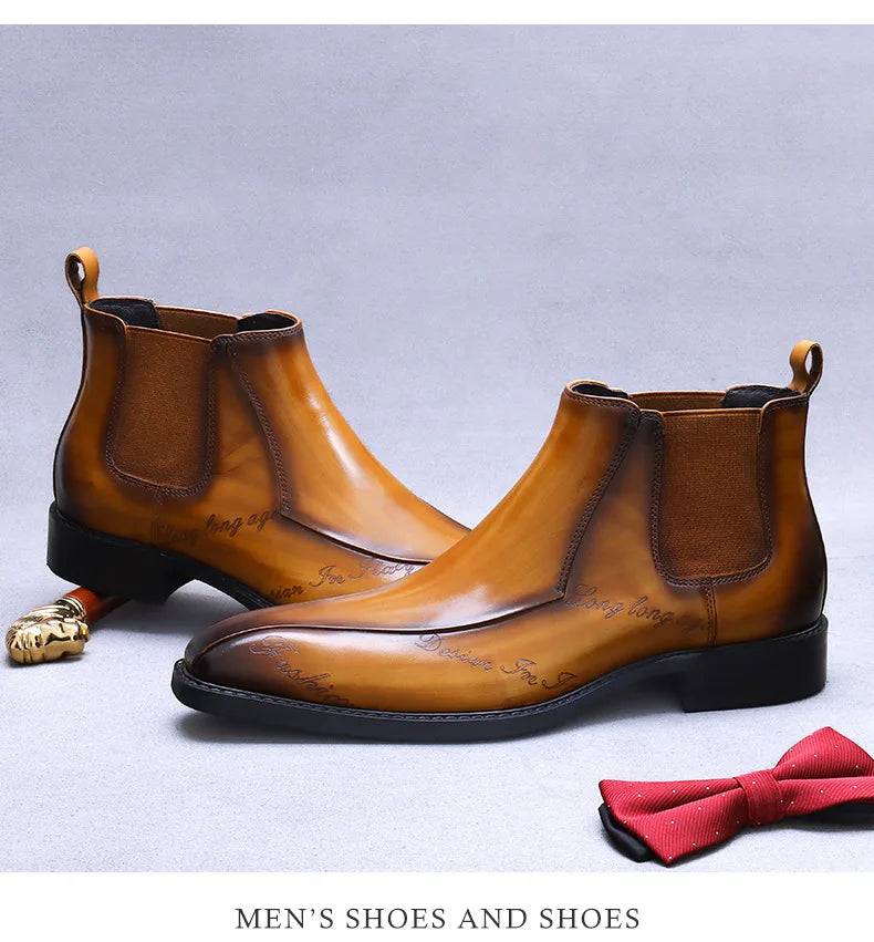 High-Top Men's Chelsea Boots Full Grain Leather British Retro Ankle Boots Business Casual Trendy Men's Shoes