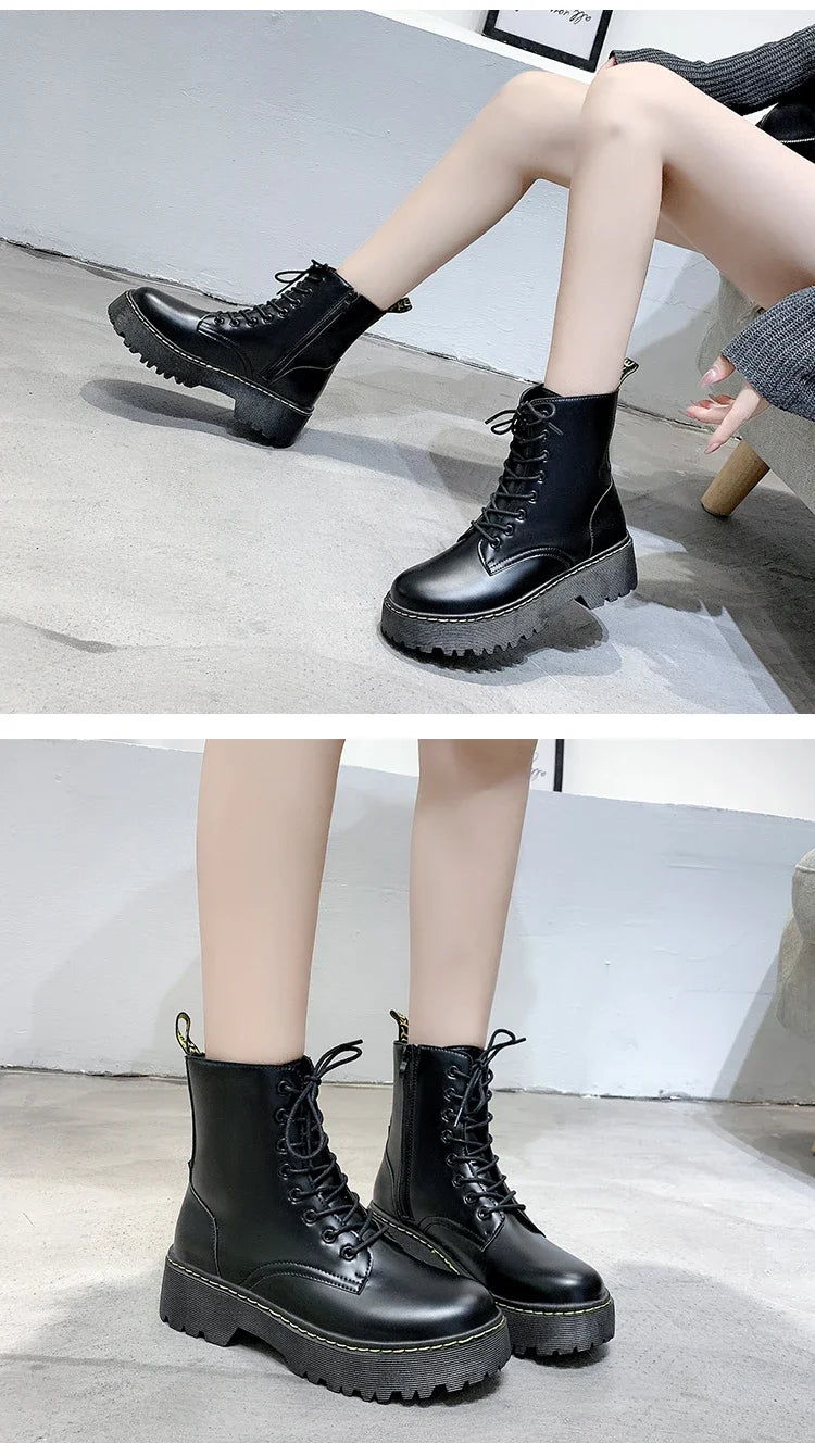 New Mid Calf Boots Women Winter Fashion Lace-up Ladies Chelsea Zipper Botas Mujer Boots Sports Platform Heel Ladies Shoes