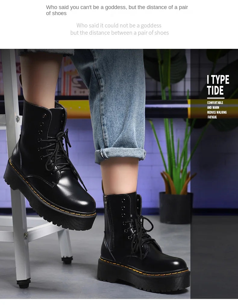 British Punk Style 8-Hole Motorcycle Boots: 2-Way Wear Chunky Platform with Front Zipper - Fashion Unisex All-Season Boots for