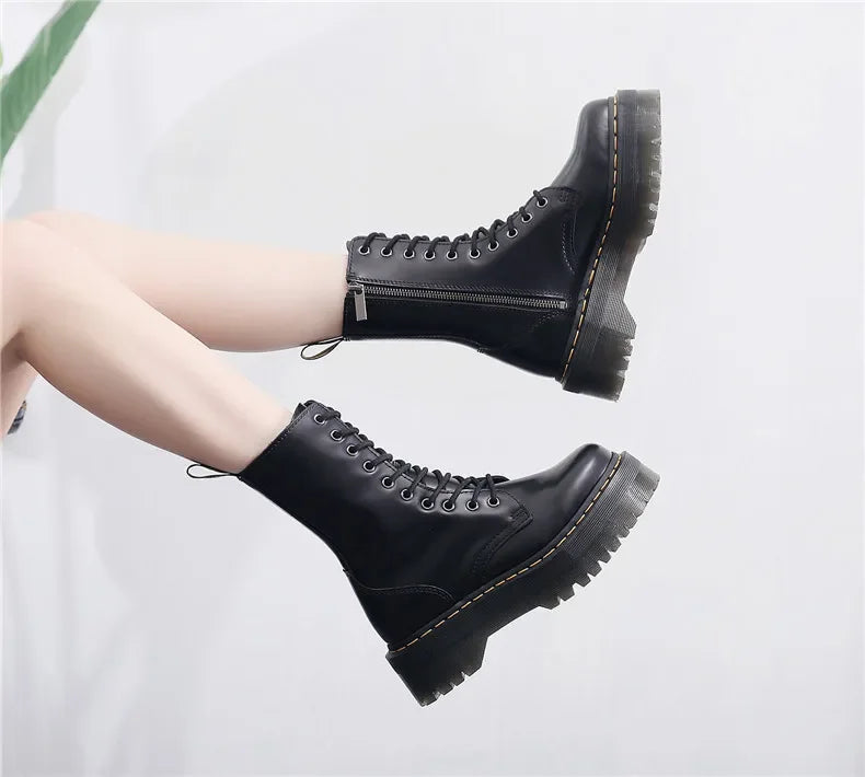 Women's Motorcycle Boots 10 Holes Thick Bottom Side Zipper British Style Long Booties Flatform Work Boots round Toe Mid Heel