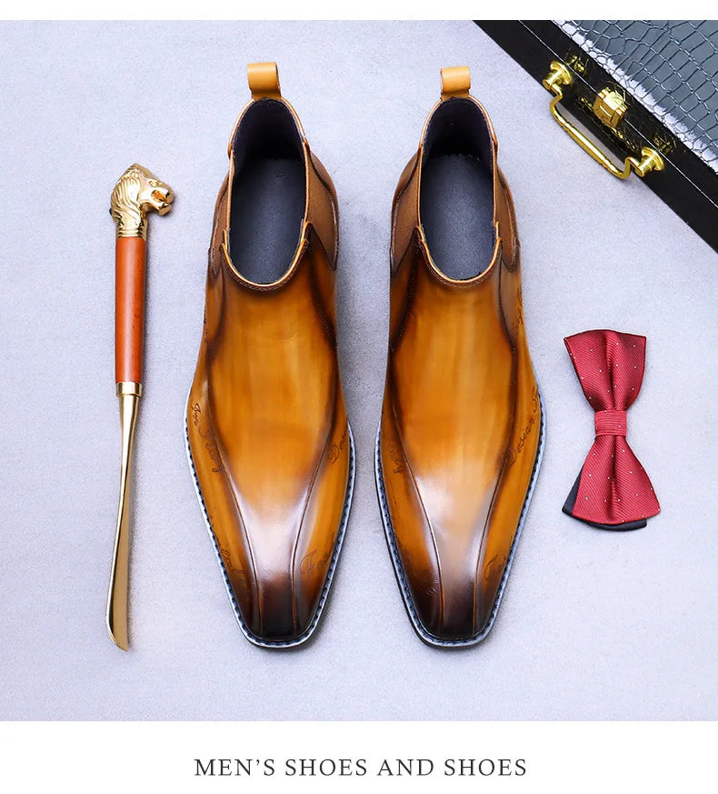 High-Top Men's Chelsea Boots Full Grain Leather British Retro Ankle Boots Business Casual Trendy Men's Shoes