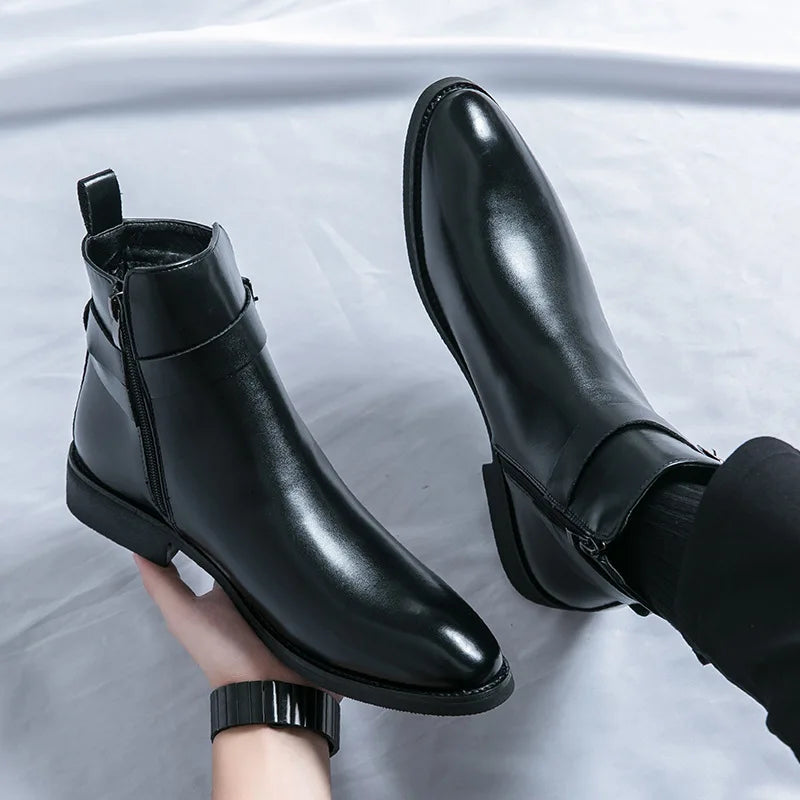 Men's Winter High-top Versatile Chelsea Boots Classic Soft and Comfortable Zippered Shoes Maximum Size 47 Black Leather Shoes