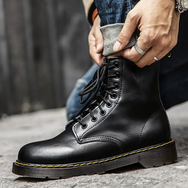 Men's high-top boots, high-quality women's leather shoes, outdoor 8-hole sports shoes, men's lace-up ankle boots, couple 35-48