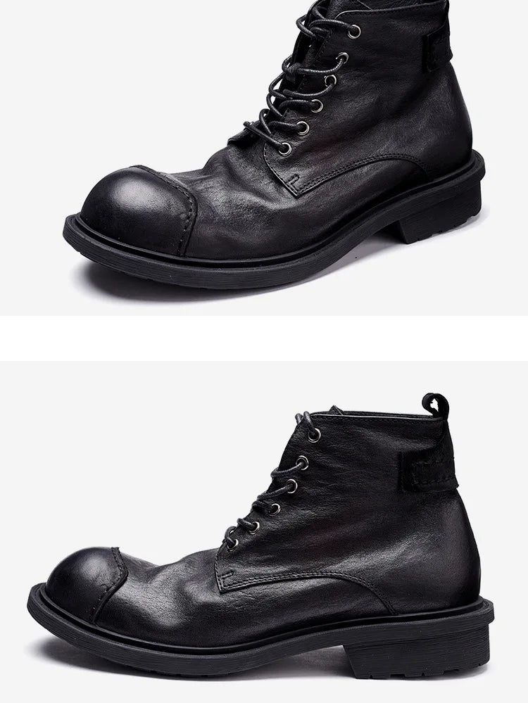 Vintage Business Mens Boots Luxury Genuine Cow Leather Spring Work Shoes 2025 New Style Full Grain Leather Round Toe Ankle Boots
