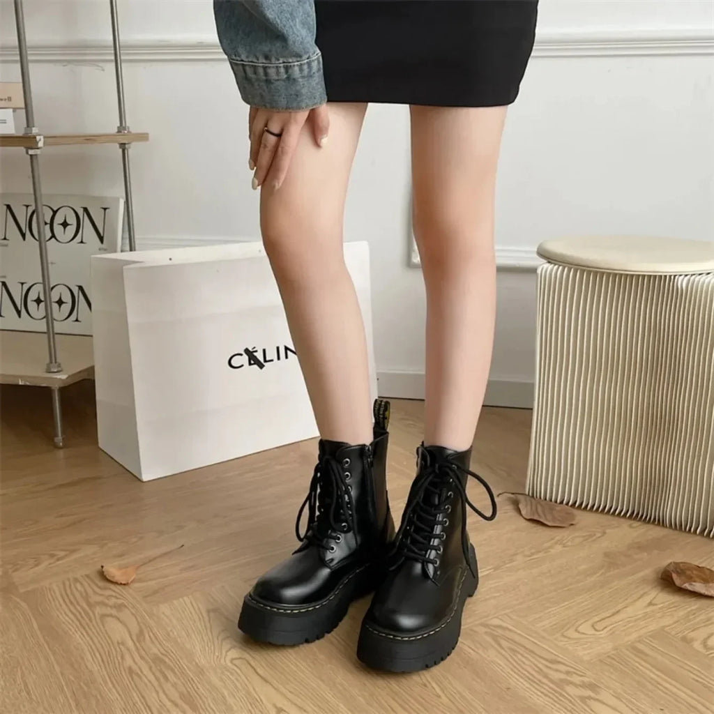 Women Boots Motorcycle Shoes Woman Leather Chelsea Ladie Classic Punk Female Goth Shoes High Platform Boots Women Botas Mujer
