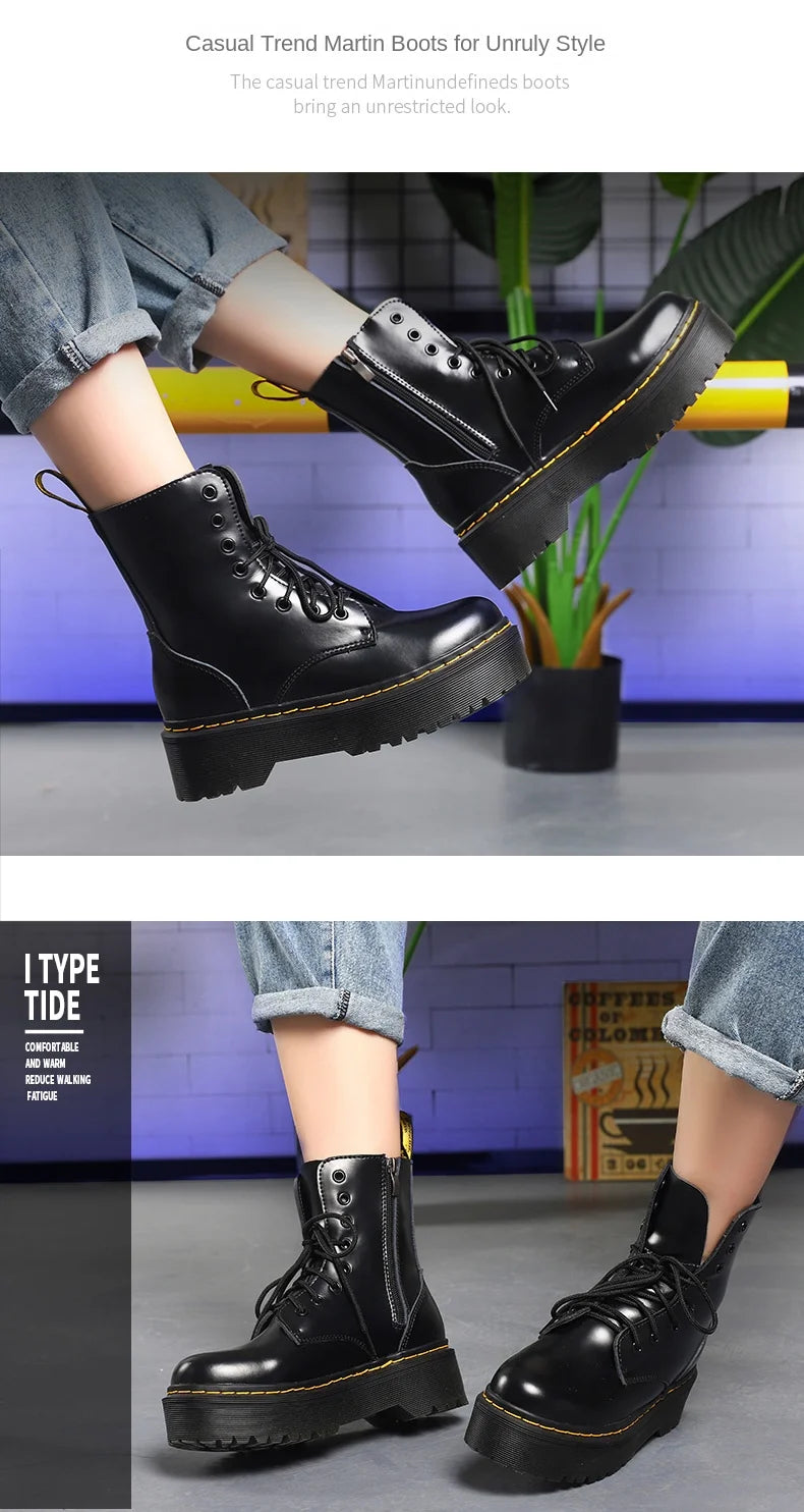 British Punk Style 8-Hole Motorcycle Boots: 2-Way Wear Chunky Platform with Front Zipper - Fashion Unisex All-Season Boots for