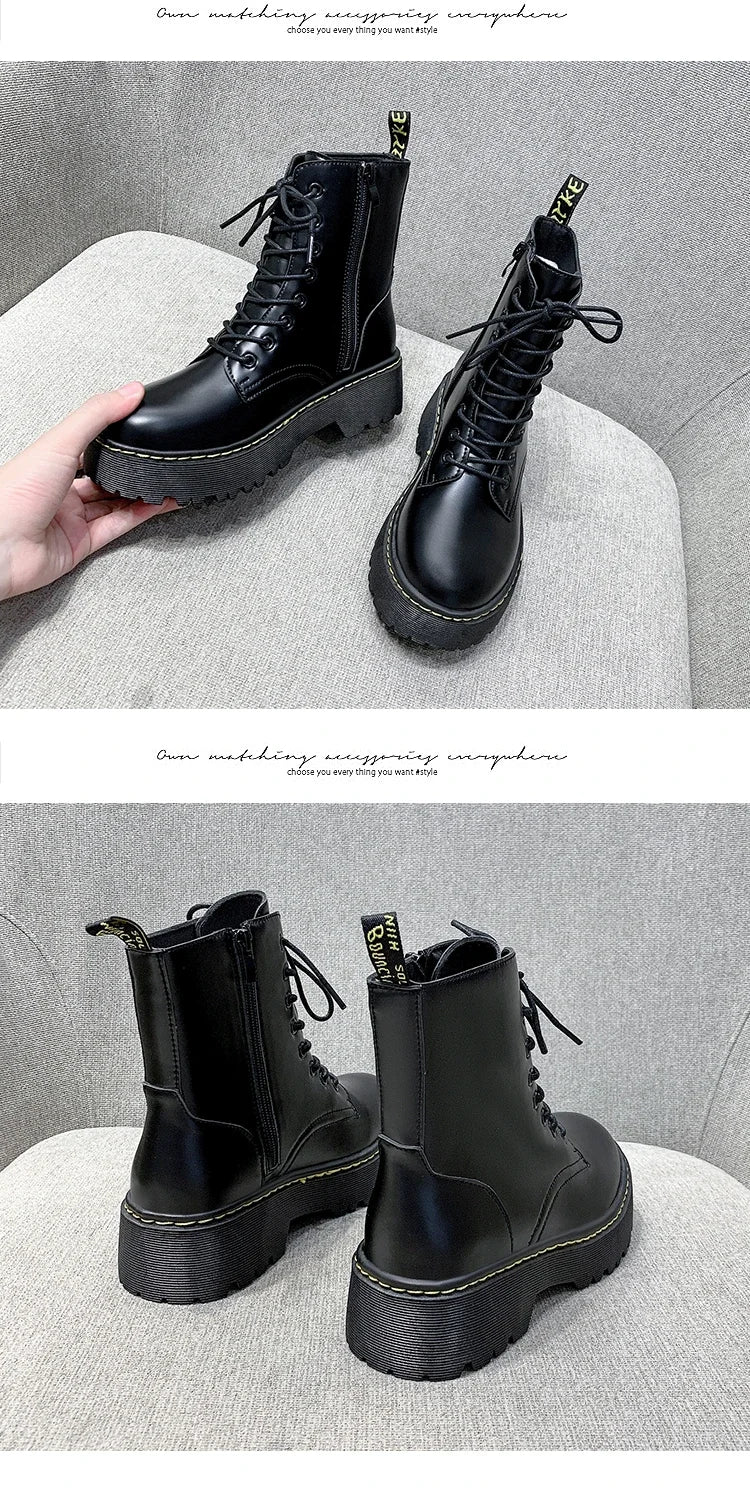 New Mid Calf Boots Women Winter Fashion Lace-up Ladies Chelsea Zipper Botas Mujer Boots Sports Platform Heel Ladies Shoes