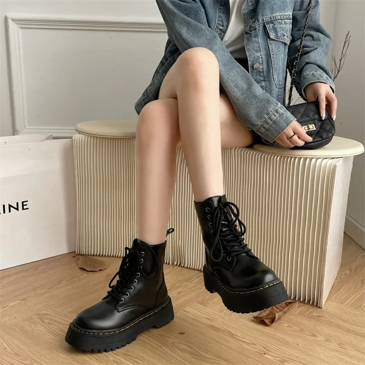 New Women Motorcycle Boots Casual Shoes Woman Leather Minimalist Classic Punk Female Goth Shoes Platform Boots Women Botas Mujer