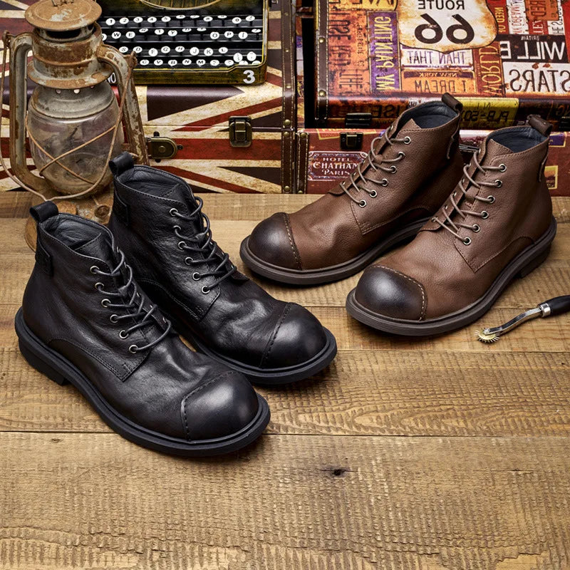 Vintage Business Mens Boots Luxury Genuine Cow Leather Spring Work Shoes 2025 New Style Full Grain Leather Round Toe Ankle Boots