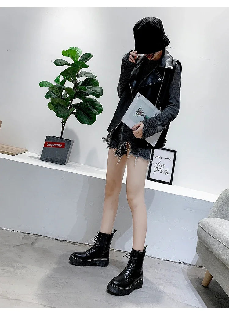 New Mid Calf Boots Women Winter Fashion Lace-up Ladies Chelsea Zipper Botas Mujer Boots Sports Platform Heel Ladies Shoes