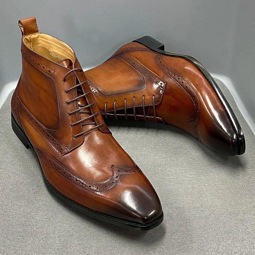 Men's Classic Calfskin Real Leather Cowboy Boots Lace-Up Wingtip Pointed Toe High Cut Formal Derby Shoes