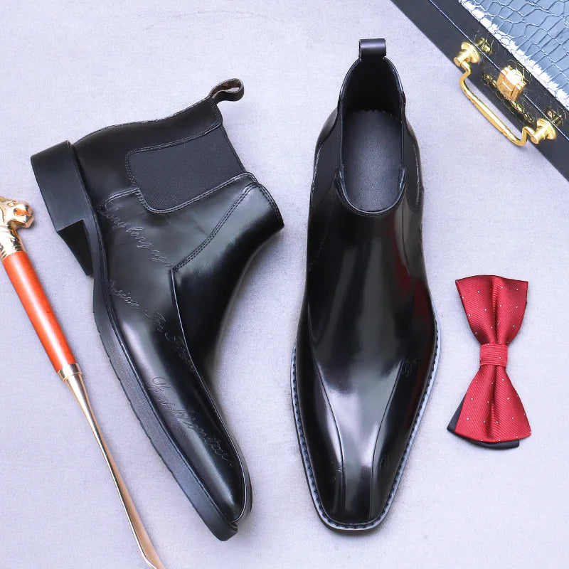 High-Top Men's Chelsea Boots Full Grain Leather British Retro Ankle Boots Business Casual Trendy Men's Shoes