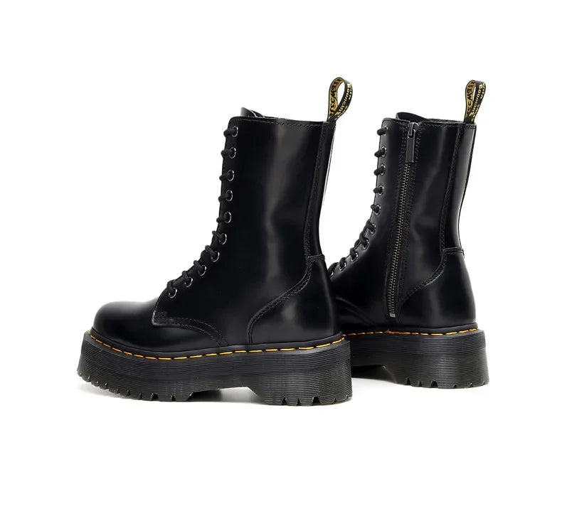 Women's Motorcycle Boots 10 Holes Thick Bottom Side Zipper British Style Long Booties Flatform Work Boots round Toe Mid Heel