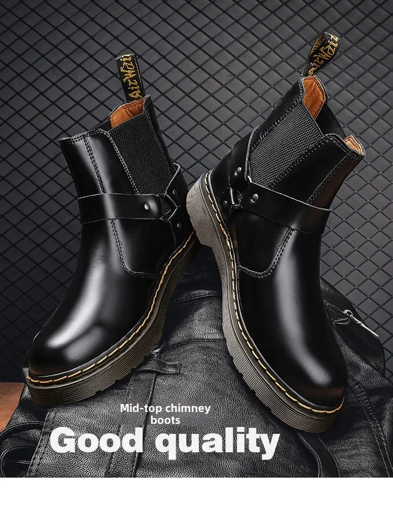 Leather Chelsea Boots Unisex round Toe Biker Style Short Boots Couples Matching Flat Bottom Rubber Sole Spring Autumn Wear