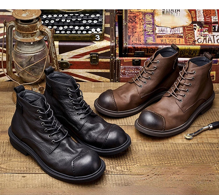 Vintage Business Mens Boots Luxury Genuine Cow Leather Spring Work Shoes 2025 New Style Full Grain Leather Round Toe Ankle Boots