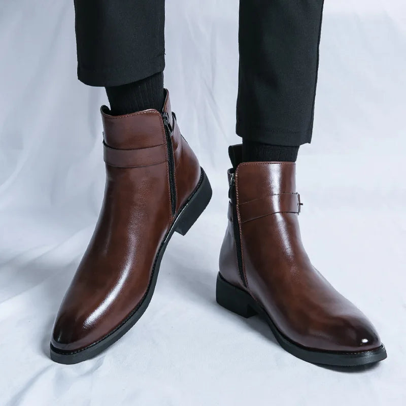 Men's Winter High-top Versatile Chelsea Boots Classic Soft and Comfortable Zippered Shoes Maximum Size 47 Black Leather Shoes