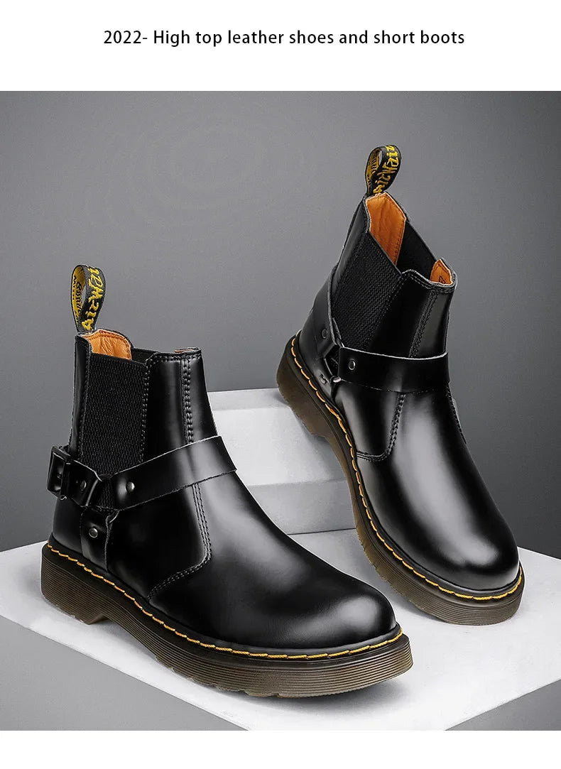 Leather Chelsea Boots Unisex round Toe Biker Style Short Boots Couples Matching Flat Bottom Rubber Sole Spring Autumn Wear