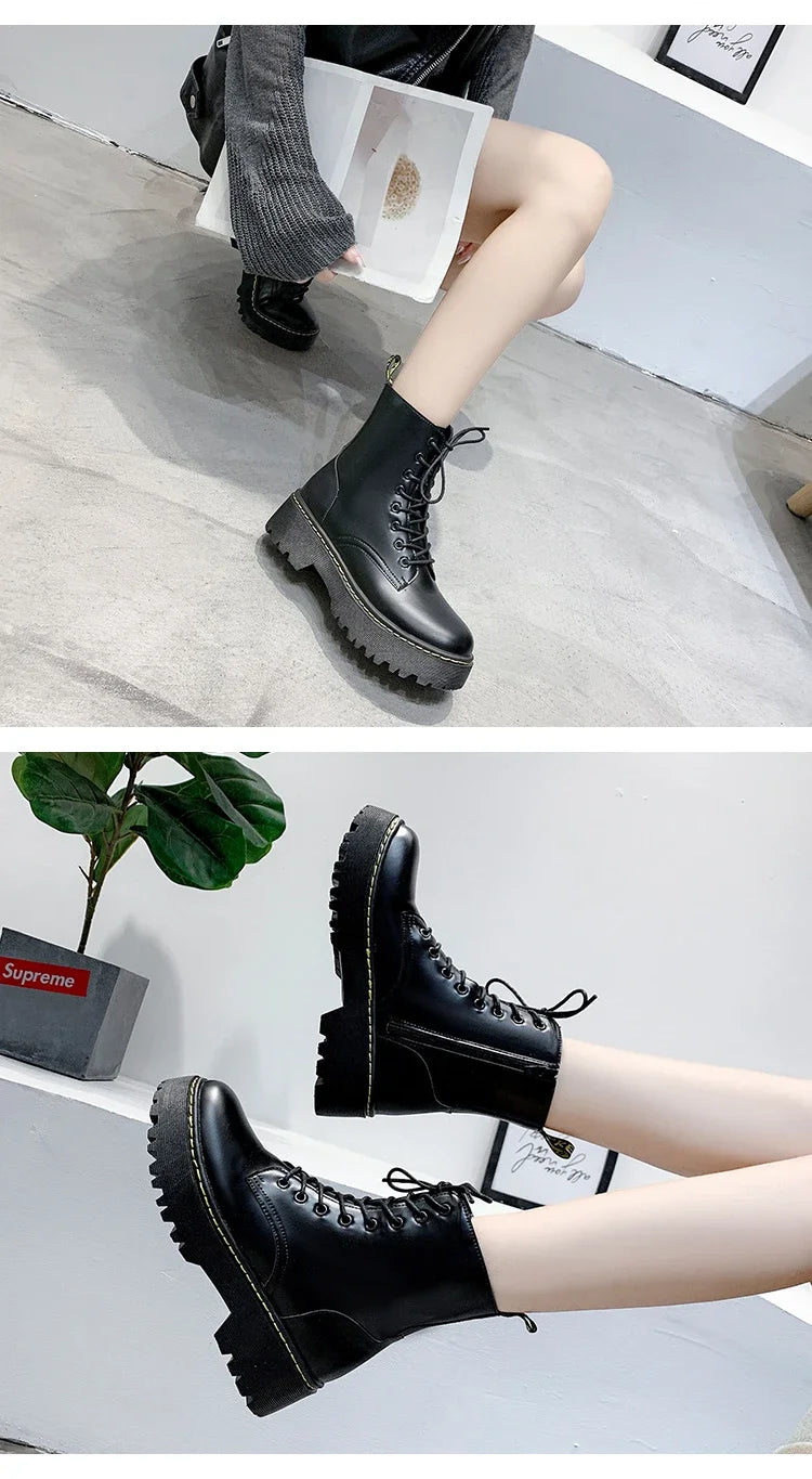 New Mid Calf Boots Women Winter Fashion Lace-up Ladies Chelsea Zipper Botas Mujer Boots Sports Platform Heel Ladies Shoes