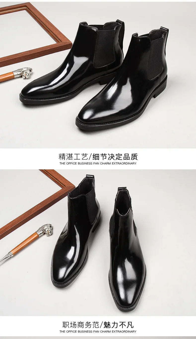 Men's Chelsea boots, glossy leather, high-top shoes, business pointed toe slip-on genuine leather work boots, short leather boot