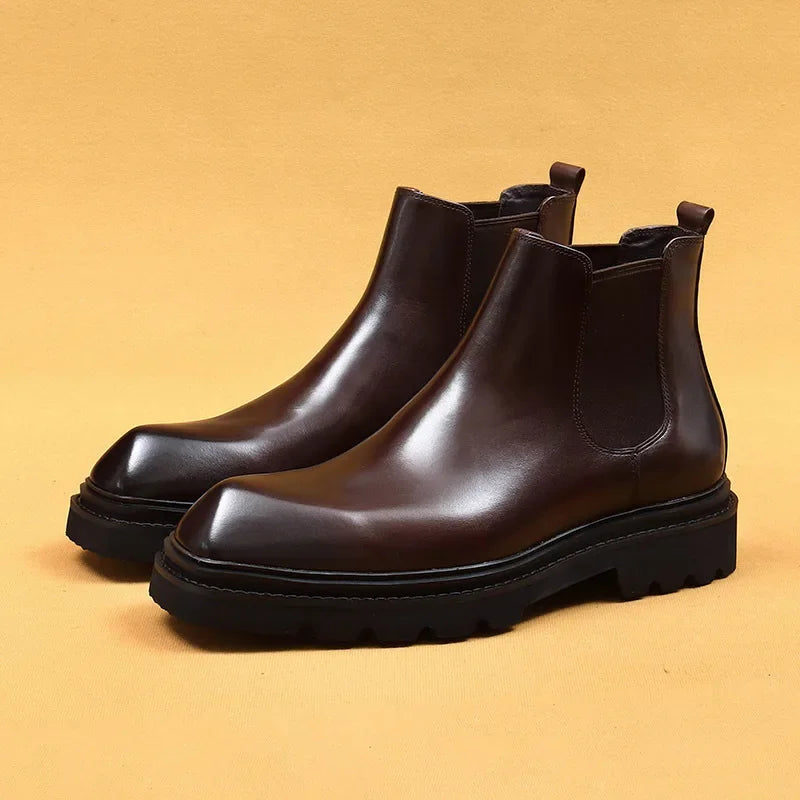 Retro Mens Genuine Leather Boots Luxury Quality Handmade British Trend Platform Ankle Fashion Black Chelsea Business Shoes Man