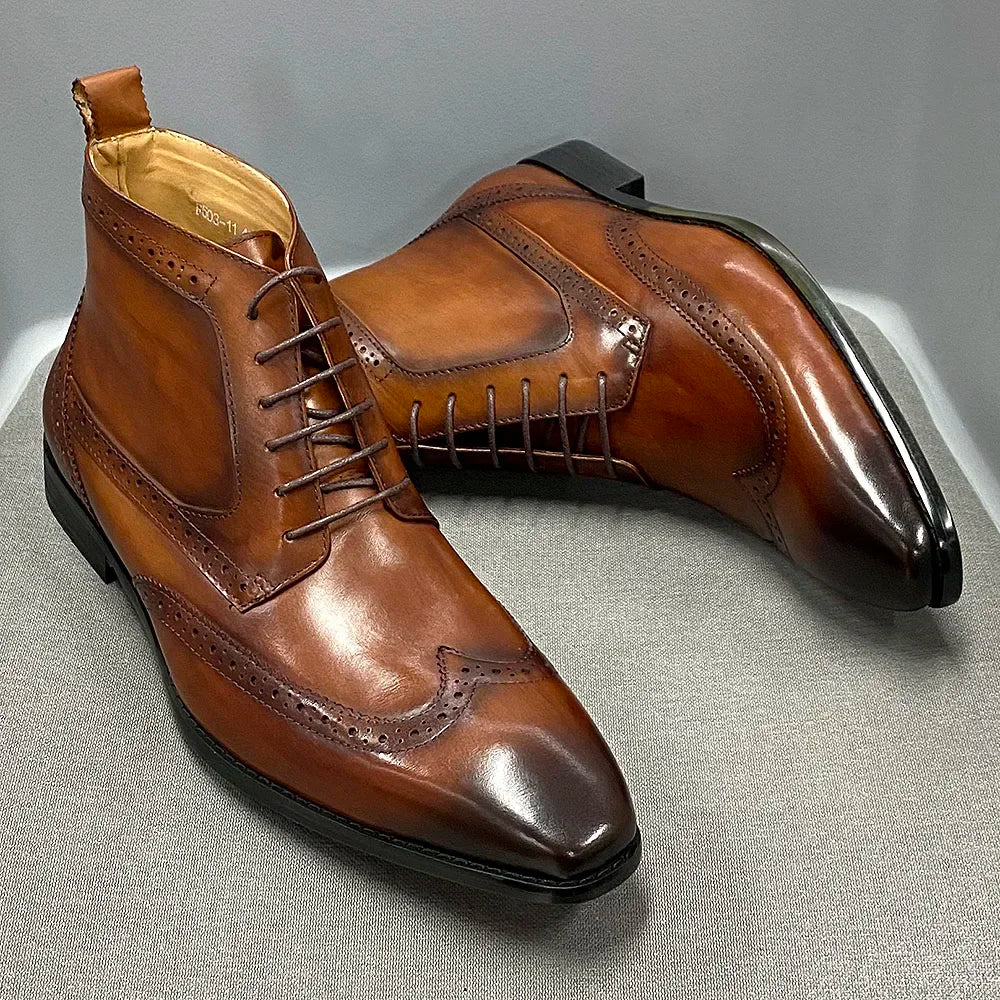 Men's Classic Calfskin Real Leather Cowboy Boots Lace-Up Wingtip Pointed Toe High Cut Formal Derby Shoes