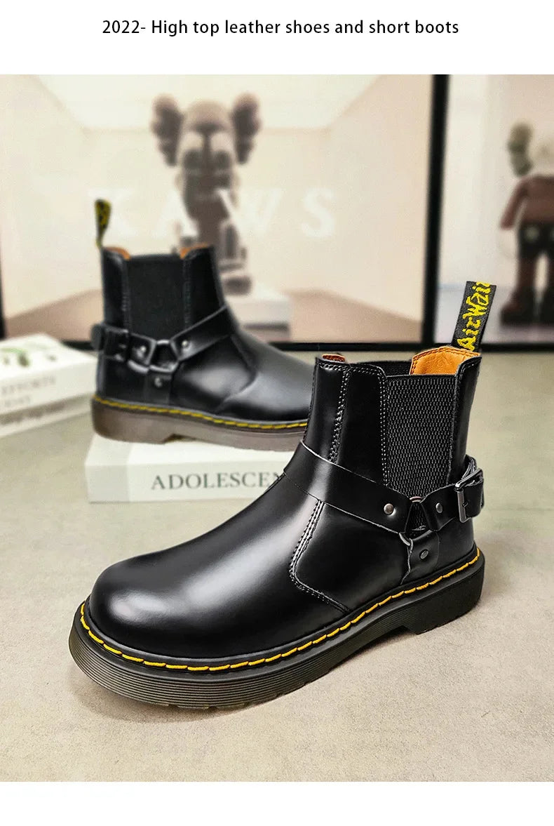 Leather Chelsea Boots Unisex round Toe Biker Style Short Boots Couples Matching Flat Bottom Rubber Sole Spring Autumn Wear