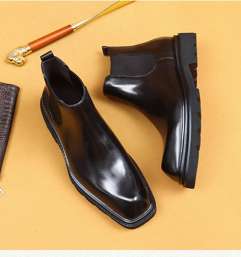 Retro Mens Genuine Leather Boots Luxury Quality Handmade British Trend Platform Ankle Fashion Black Chelsea Business Shoes Man