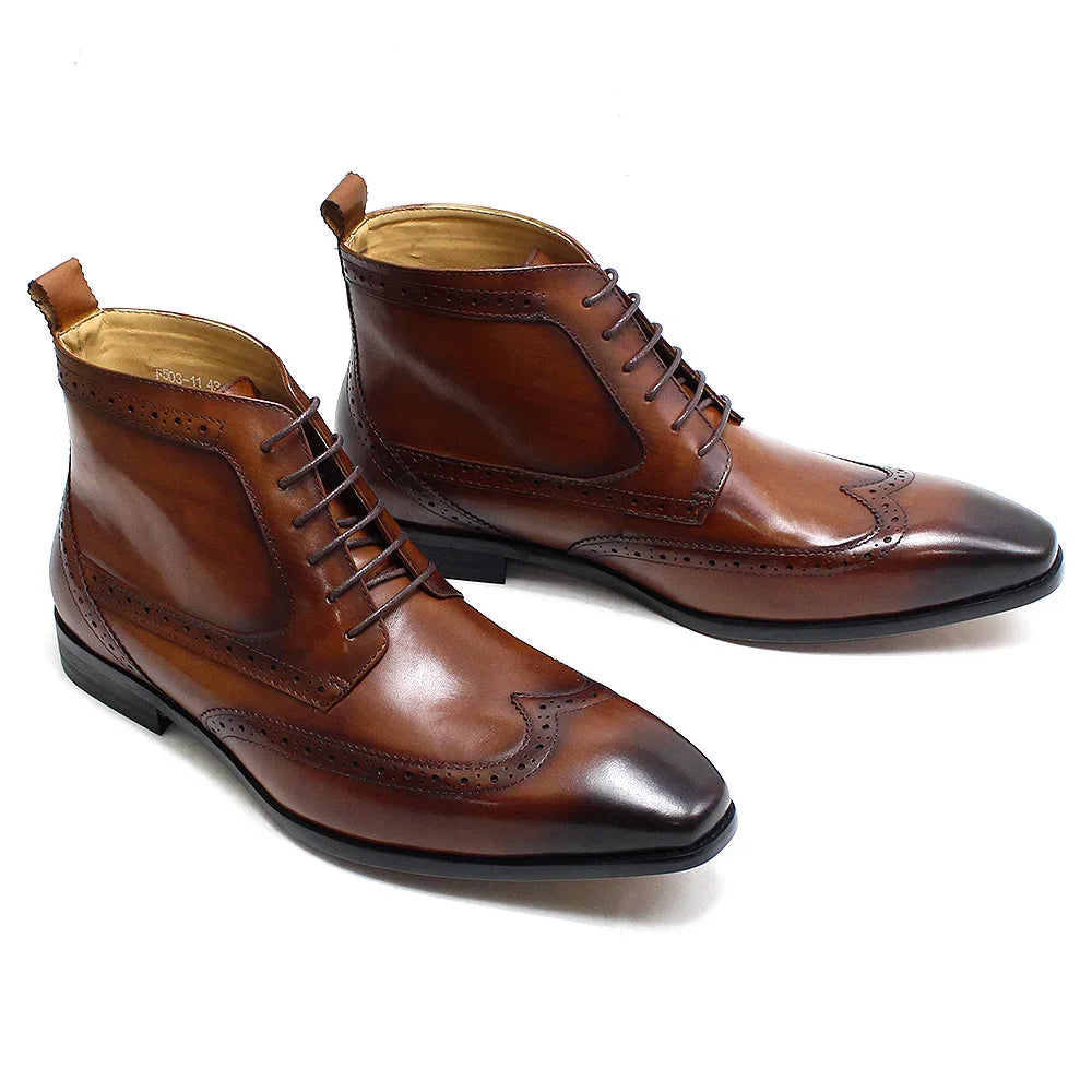 Men's Classic Calfskin Real Leather Cowboy Boots Lace-Up Wingtip Pointed Toe High Cut Formal Derby Shoes