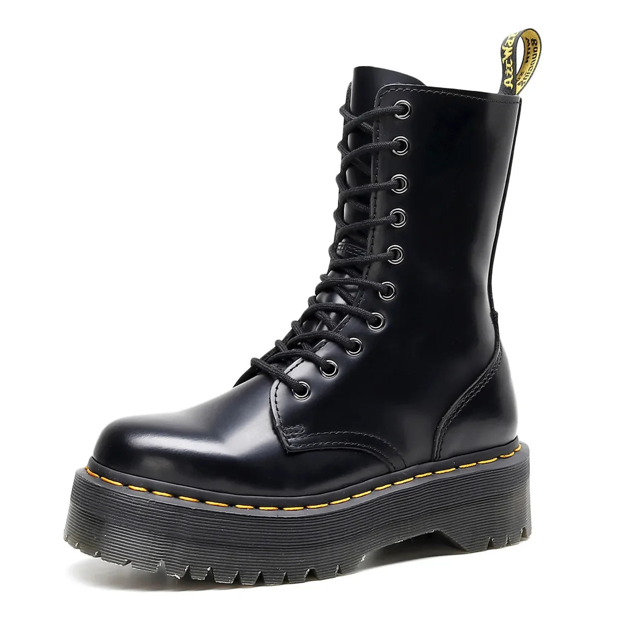 Women's Motorcycle Boots 10 Holes Thick Bottom Side Zipper British Style Long Booties Flatform Work Boots round Toe Mid Heel
