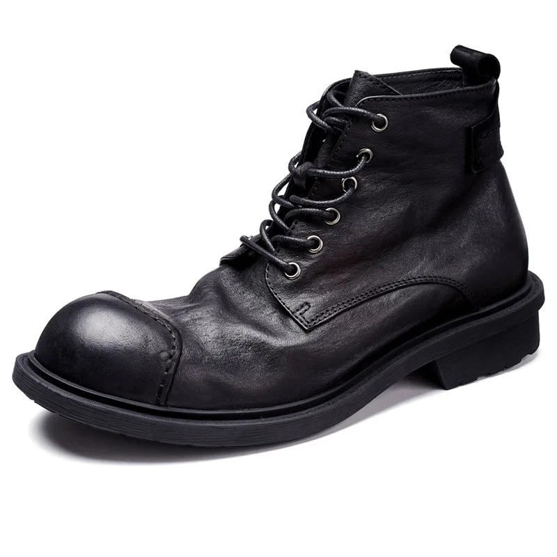 Vintage Business Mens Boots Luxury Genuine Cow Leather Spring Work Shoes 2025 New Style Full Grain Leather Round Toe Ankle Boots