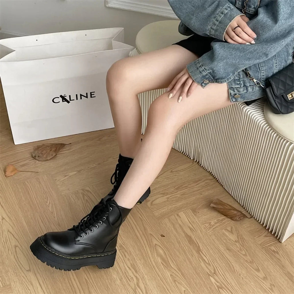 New Women Motorcycle Boots Casual Shoes Woman Leather Minimalist Classic Punk Female Goth Shoes Platform Boots Women Botas Mujer