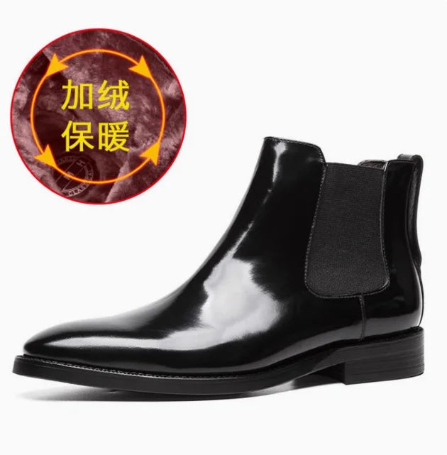 Men's Chelsea boots, glossy leather, high-top shoes, business pointed toe slip-on genuine leather work boots, short leather boot