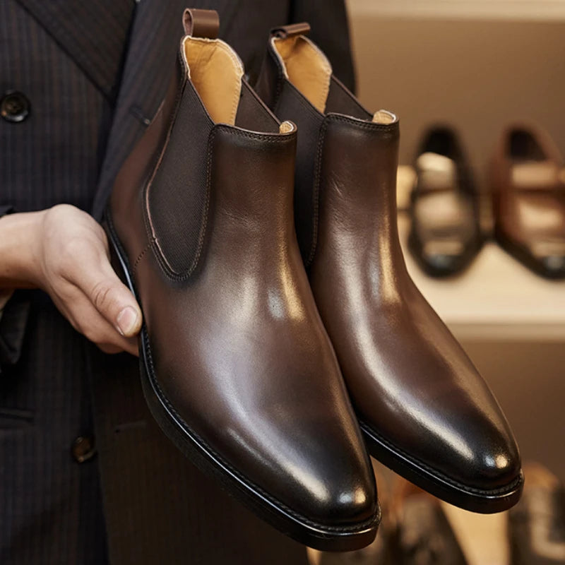Retro Elegant Mens Chelsea Boots Luxury Genuine Leather Handmade Comfortable Quality British Style Ankle Wedding Party Shoes Man