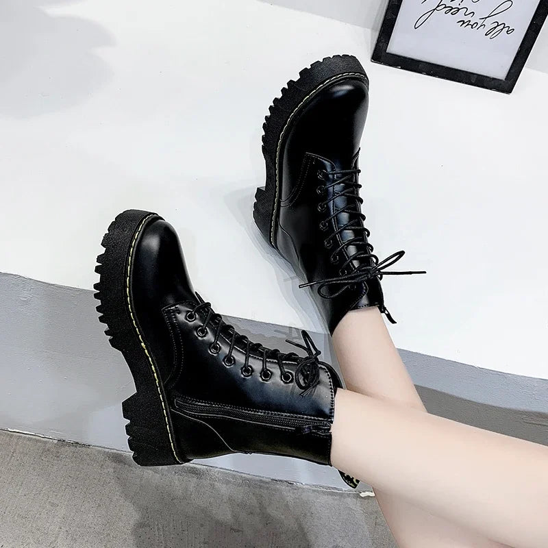 New Mid Calf Boots Women Winter Fashion Lace-up Ladies Chelsea Zipper Botas Mujer Boots Sports Platform Heel Ladies Shoes