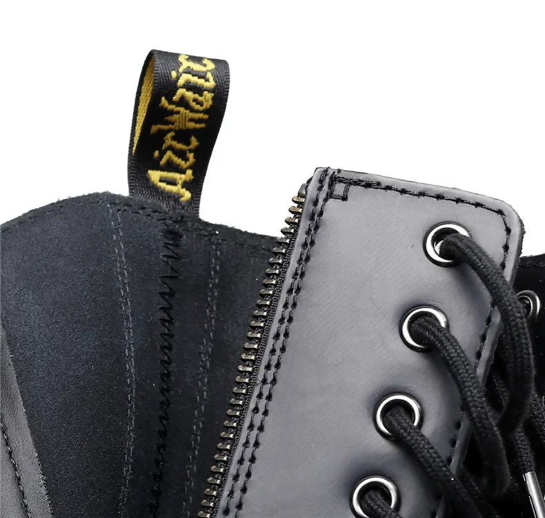 Women's Motorcycle Boots 10 Holes Thick Bottom Side Zipper British Style Long Booties Flatform Work Boots round Toe Mid Heel