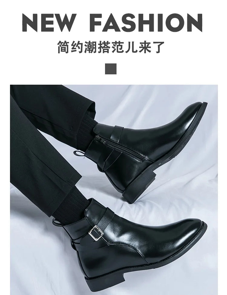 Men's Winter High-top Versatile Chelsea Boots Classic Soft and Comfortable Zippered Shoes Maximum Size 47 Black Leather Shoes