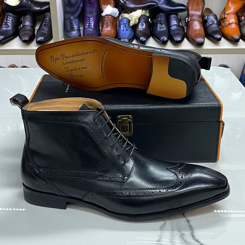 Men's Classic Calfskin Real Leather Cowboy Boots Lace-Up Wingtip Pointed Toe High Cut Formal Derby Shoes