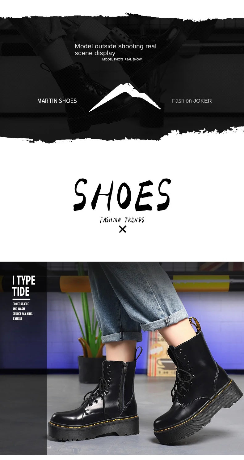 British Punk Style 8-Hole Motorcycle Boots: 2-Way Wear Chunky Platform with Front Zipper - Fashion Unisex All-Season Boots for