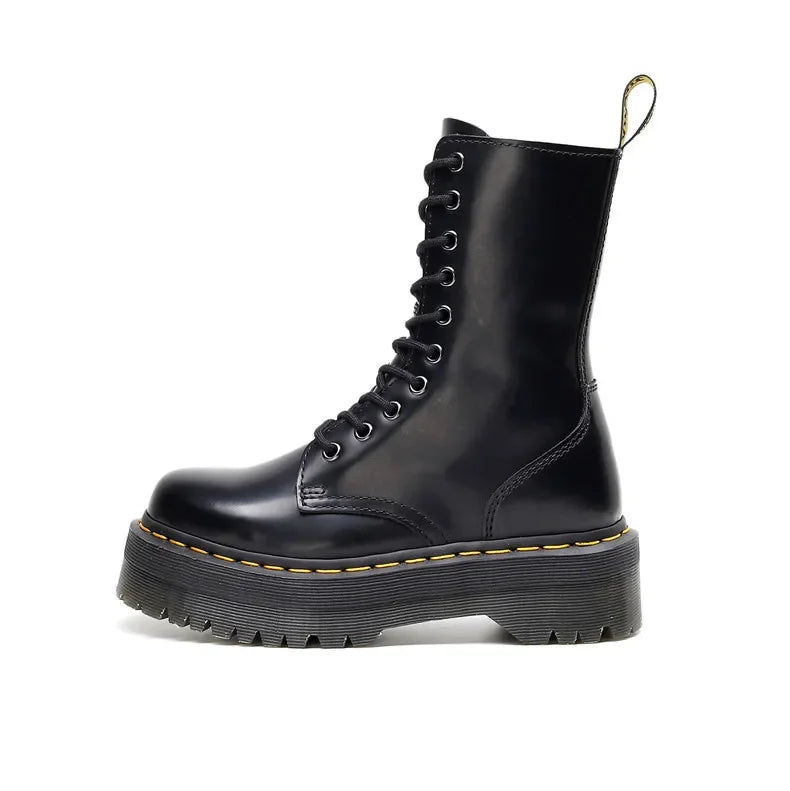 Women's Motorcycle Boots 10 Holes Thick Bottom Side Zipper British Style Long Booties Flatform Work Boots round Toe Mid Heel