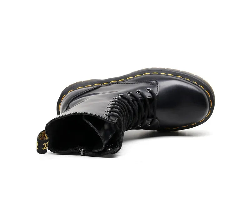 Women's Motorcycle Boots 10 Holes Thick Bottom Side Zipper British Style Long Booties Flatform Work Boots round Toe Mid Heel