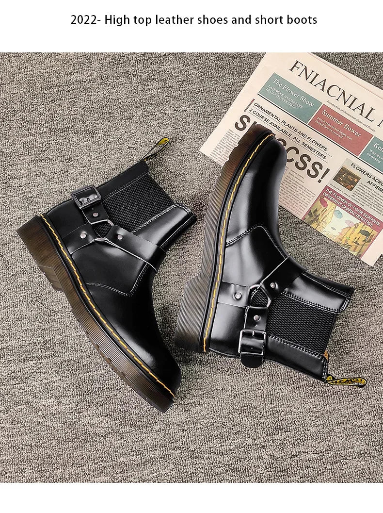 Leather Chelsea Boots Unisex round Toe Biker Style Short Boots Couples Matching Flat Bottom Rubber Sole Spring Autumn Wear