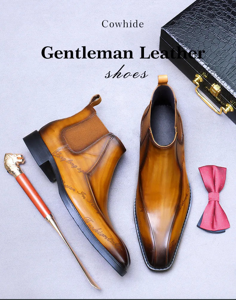 High-Top Men's Chelsea Boots Full Grain Leather British Retro Ankle Boots Business Casual Trendy Men's Shoes