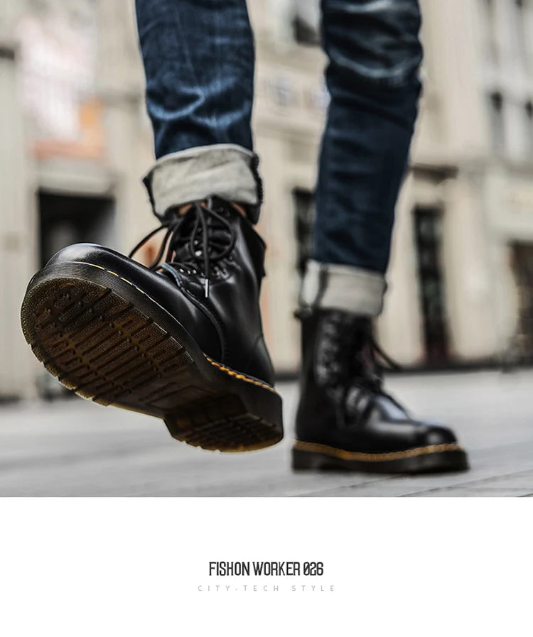 Men's high-top boots, high-quality women's leather shoes, outdoor 8-hole sports shoes, men's lace-up ankle boots, couple 35-48