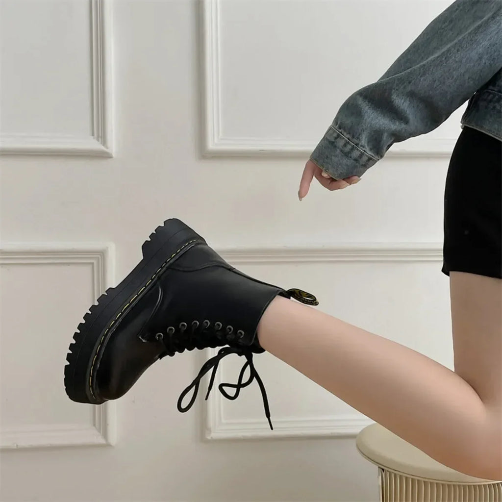 New Women Motorcycle Boots Casual Shoes Woman Leather Minimalist Classic Punk Female Goth Shoes Platform Boots Women Botas Mujer