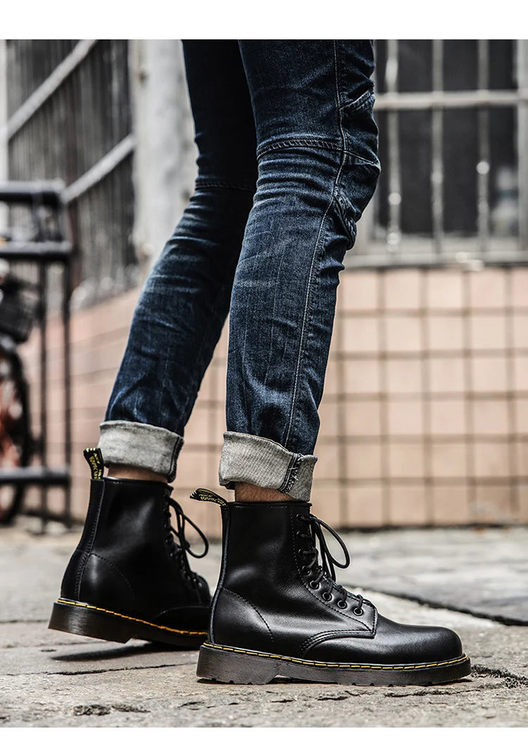 Men's high-top boots, high-quality women's leather shoes, outdoor 8-hole sports shoes, men's lace-up ankle boots, couple 35-48