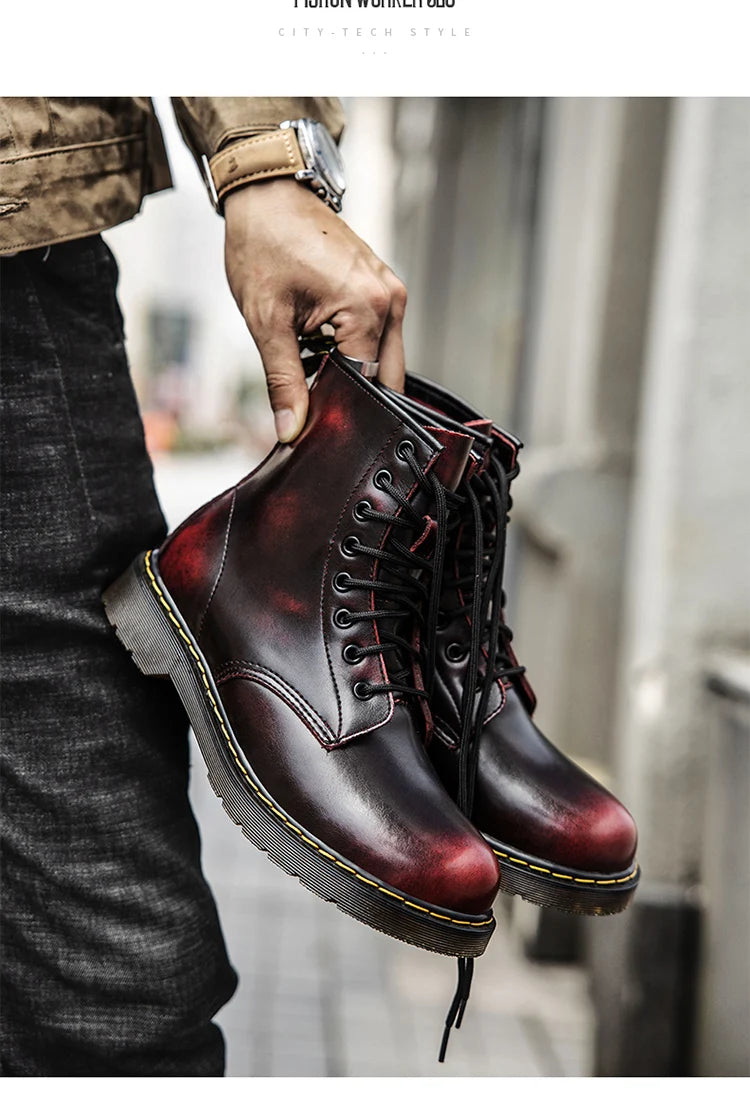 Men's high-top boots, high-quality women's leather shoes, outdoor 8-hole sports shoes, men's lace-up ankle boots, couple 35-48